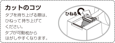 カットのコツ　タブを持ち上げる際は、ひねって持ち上げてください。タブを可動枕からはがしやすくなります。