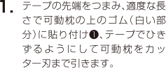 1.テープの先端をつまみ、適度な長さで可動枕の上のゴム（白い部分）に貼り付け(1)、テープでひきずるようにして可動枕をカッター刃まで引きます。