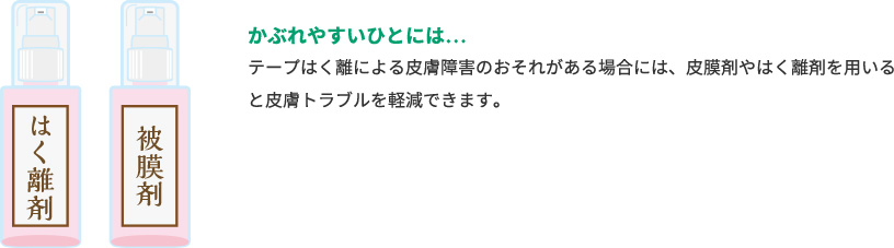 かぶれやすいひとには…テープはく離による皮膚障害のおそれがある場合には、皮膜剤やはく離剤を用いると皮膚トラブルを軽減できます。