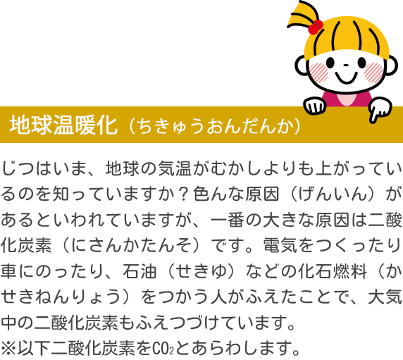 地球温暖化（ちきゅうおんだんか） じつはいま、地球の気温がむかしよりも上がっているのを知っていますか？色んな原因（げんいん）があるといわれていますが、一番の大きな原因は二酸化炭素（にさんかたんそ）です。電気をつくったり車にのったり、石油（せきゆ）などの化石燃料（かせきねんりょう）をつかう人がふえたことで、大気中の二酸化炭素もふえつづけています。※以下二酸化炭素をCO2とあらわします。