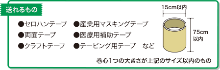 送れるもの　・セロハンテープ・両面テープ・クラフトテープ・産業用マスキングテープ・医療用補助テープ・テーピング用テープなど　巻心1つ大きさが幅15cm以内、高さ75cm以内のもの