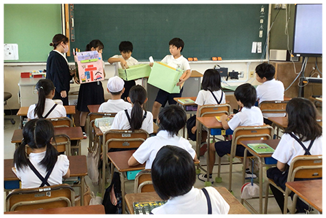 他の児童たちの前で発表をしている様子