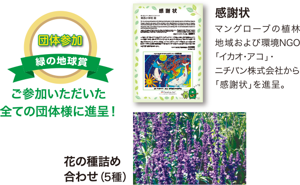 団体参加　緑の地球賞　ご参加頂いた全ての団体様に「花の種詰め合わせ（5種）と感謝状」を進呈！