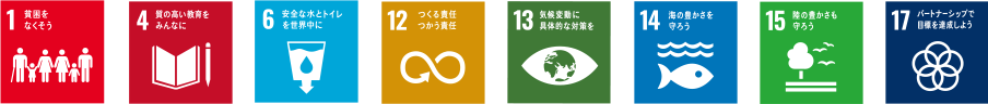 1.貧困をなくそう　4.質の高い教育をみんなに　6.安全な水とトイレを世界中に　12.つくる責任 使う責任　13.気候変動に具体的な対策を　14.海の豊かさを守ろう　15.陸の豊かさも守ろう　17.パートナーシップで目標を達成しよう
