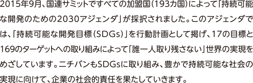 2015年9月、国連サミットで全ての加盟国(193カ国)によって「持続可能な開発のための2030アジェンダ」が採択されました。このアジェンダでは、「持続可能な開発目標(SDGs)」を行動計画として掲げ、17の目標と169のターゲットの取り組みによって「誰一人取り残さない」世界の実現をめざしています。ニチバンもSDGsに取り組み、豊かで持続可能な社会の実現に向けて、企業の社会的責任を果たしていきます。