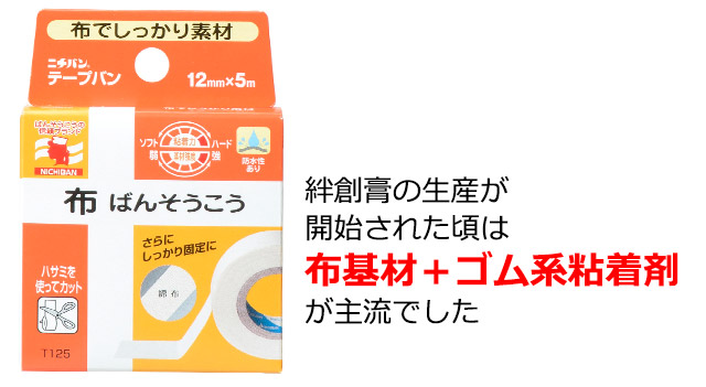 現在のニチバンのパッケージ。絆創膏の生産が開始された頃は布基材＋ゴム系粘着剤が主流でした